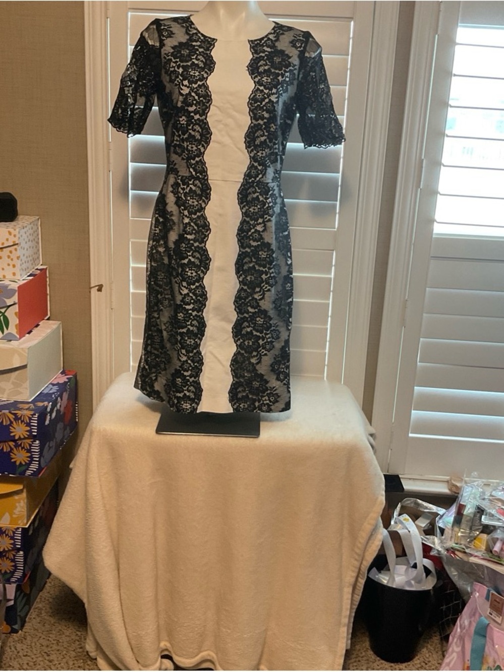antonio melani black lace dress Cream Sheath with Panels Off The Shoulder Draped collection-auto_apparel-all Flattering Flared Skirt Size:XL (42)